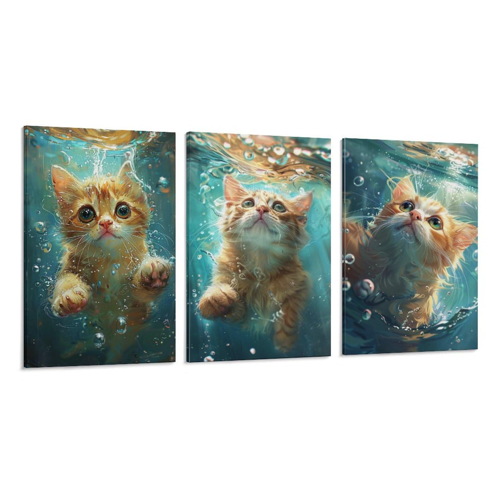 Amazon.co.jp: 3枚 水の中のかわいいオレンジ色の猫 絵画 インテリア